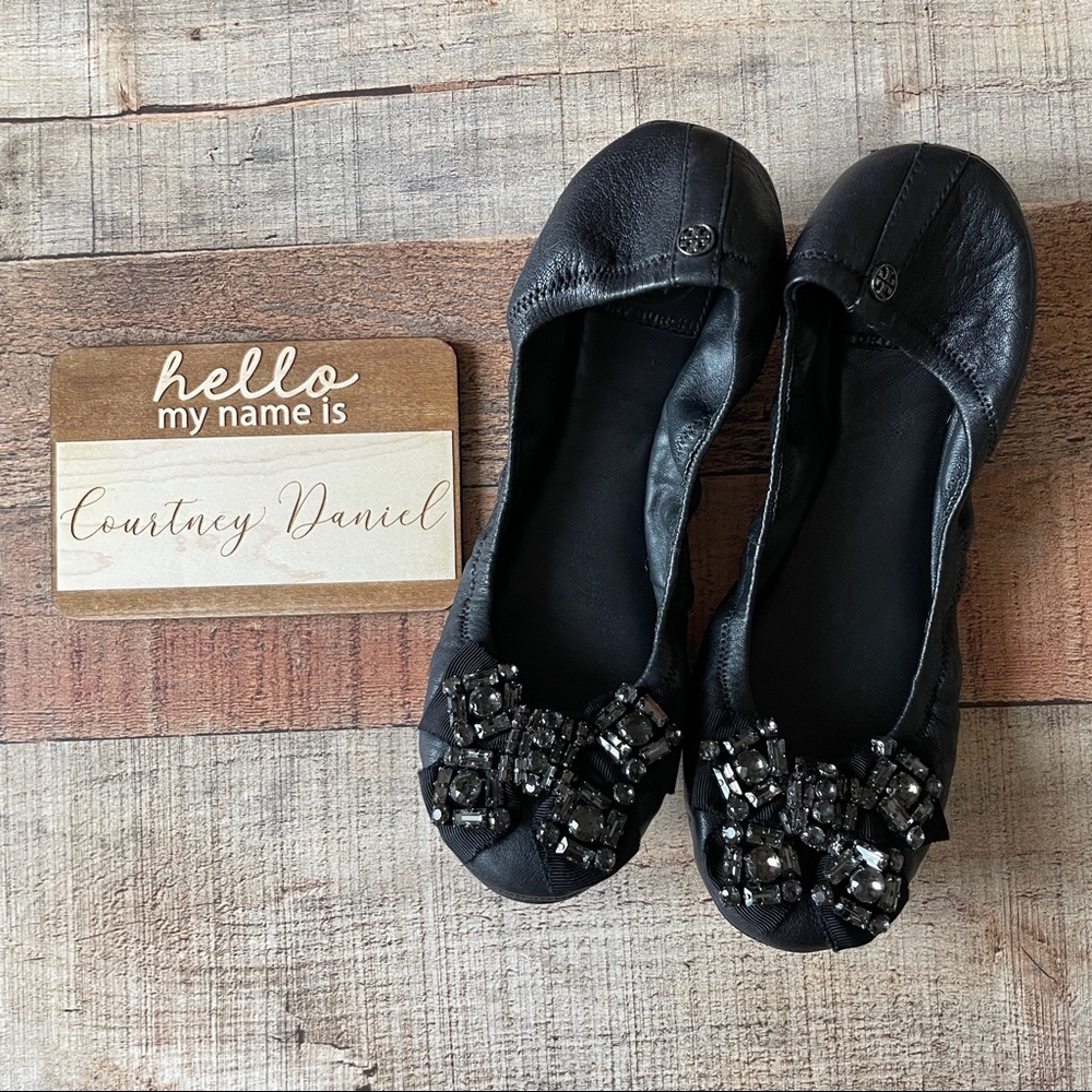 EUC Tory Burch Eddie Jeweled Bow Flat sz 8 black